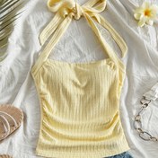 Resim Y2K tarzı kadınlara uygun, büyük bir kurdele ile süslenmiş, omuzları açık, kolsuz, tek renkli sarı, yazlık rahat giyim, polyester, tatil için hazırlıklı. 