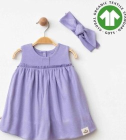 Resim Zekids Kız Bebek Organik Pamuklu Bandanalı Kolsuz Elbise-15906 Mor 