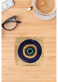 Resim Doğaltaş Bardak Altlığı Uv Baskılı - Nazar Boncuğu Baskılı Doğal Taş Bardak Altı Çok Renkli 