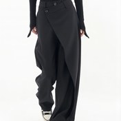 Resim Kadınlar İçin Asimetrik Düğmeli Geniş Paça Pantolon - Siyah Poliester Bol Kesim Günlük Giyim, Katmanlı Etek Detaylı, Makinede Yıkanabilir, Rahat ve Şık 