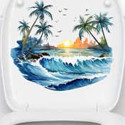 Resim 1 Adet Tropikal Plaj Banyo Dekoru - Kendinden Yapışkanlı Tuvalet Kapak ve Duvar Stickerları, Kolay Uygulama & Çıkarma, Palmiye Ağacı, Okyanus Dalgaları, Gün Batımı ile Turkuaz Altın Renkli Çıkartılabilir Duvar Kağıdı Benzeri Süsleme - Seramik, Lüks, Hammam için Ideal, Banyo Dekoru ve Aksesuarları,Noel Banyo Dekoru Poinsettialar,Banyo Stickerları,Tuvalet Dekoru ve Aksesuarları 