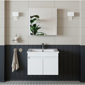 Resim banos Al3 Ayaksız 2 Kapaklı Lavabolu Beyaz Mdf 65 Cm Banyo Dolabı Aynalı Üst Dolabı 