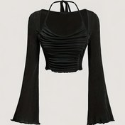 Resim Boğazlı Ruched Askılı T-Shirt, Şık Kloş Kollu Crop T-Shirt Bahar ve Sonbahar İçin, Kadın Giyim 