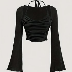 Resim Boğazlı Ruched Askılı T-Shirt, Şık Kloş Kollu Crop T-Shirt Bahar ve Sonbahar İçin, Kadın Giyim 