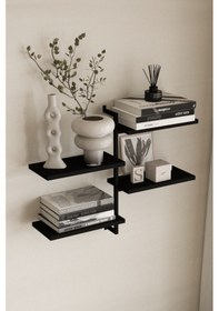 Resim Aju 4 Katlı Duvar Rafı Metal Çerçeveli Dekoratif Kitaplık Ve Raf Ünitesi Modern Ve Minimalistt Siyah 