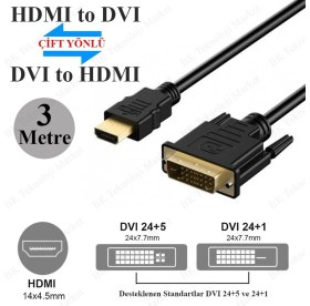 Resim BK Teknoloji DVI 24+1 To HDMI Çift Yönlü DVI To HDMI Kablo - 3 Metre 