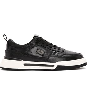 Resim Men's Black Lace-up Thick-Sole Leather Sneaker 