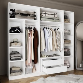 Resim Bimossa KD30 Goss 225 cm Üçlü Dar, 3 Bölmeli Açık Gardırop, 9 Raflı, 2 Büyük Raf Alanı, Boy Askılı ve Çekmeceli Modüler Beyaz Giyim Dolabı 