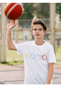 Resim Sevbano Unisex Sade Pacman Baskılı Oyun Çocuk Tişört 1-12 Yaş Beyaz 