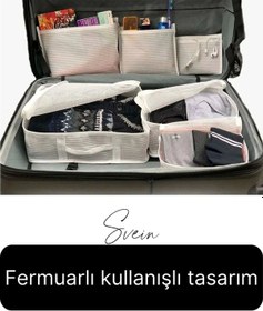Resim 6'lı Valiz Bavul Düzenleyici Seyahat Çantası Organizer Hurç Set Fermuarlı Gri Çizgi Fileli Çok Renkli 