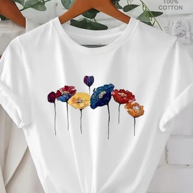 Resim 1 Adet Kadın %100 Pamuklu Çiçek Baskılı Kısa Kollu Tişört - Canlı Çiçek Desenli Siyah, Bahar/Yazlık Günlük Üst, Makinede Yıkanabilir, Çiçekli Bluz 