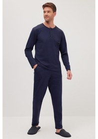 Resim Tudors Erkek Standart Fit Normal Kesim %100 Pamuk Bisiklet Yaka Beli Lastikli Lacivert Pijama Takımı-37946 Lacivert 