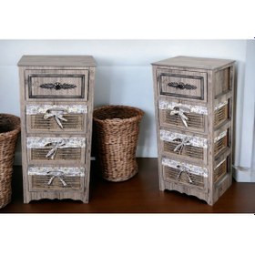 Resim Ahşap 4 Çekmeceli Hasır Görünümlü Sebzelik Rustik 