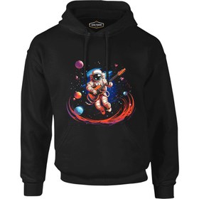 Resim Uzayda Gitar - Astronot Siyah Erkek Fermuarsız Kapşonlu - Siyah / S 