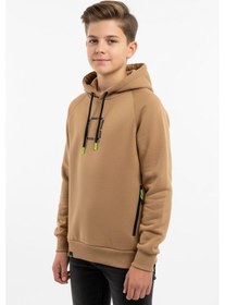 Resim Kapüşonlu Fermuarlı Cepli Erkek Çocuk Sweatshirt-90917 Kahverengi 