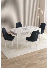 Resim Mazaka Serisi 80x132 Açılabilir Mdf Beyaz Mermer Desen Masa Takımı 4 Antrasit Sandalye Antrasit 
