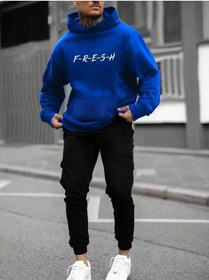 Resim Fresh Eşofman Takımı Sweatshirt Jogger - Sax Mavi Siyah Baskılı Şardonlu Kapüşonlu Lacivert 