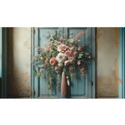 Resim Venspor Vintage Çiçek Aranjmanlı Mavi Kapı Arkaplanı, Rustik Fon, Duvar Örtüsü 200x150cm 