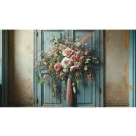Resim Venspor Vintage Çiçek Aranjmanlı Mavi Kapı Arkaplanı, Rustik Fon, Duvar Örtüsü 200x150cm 