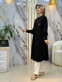 Resim NY MEHLİKA YAKASI LALE DETAYLI UZUN TUNİK 7783 - Siyah / 7 (50-52) 