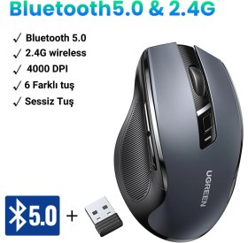 Resim UGREEN 4000 DPI Dual Mode 2.4GHz Kablosuz ve Bluetooth Sessiz Optik Mouse, 90855 