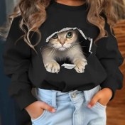 Resim Kızlar için yaratıcı sevimli kedi desenli sonbahar ve kış sweatshirt, yumuşak ve rahat uzun kollu sweatshirt, çocuklar için sonbahar ve kış üstleri 