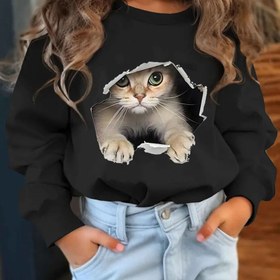 Resim Kızlar için yaratıcı sevimli kedi desenli sonbahar ve kış sweatshirt, yumuşak ve rahat uzun kollu sweatshirt, çocuklar için sonbahar ve kış üstleri 