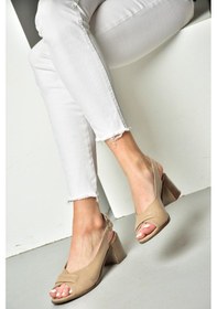 Resim Fox Shoes P555452903 Vizon Hakiki Deri Kalın Topuklu Kadın Sandalet Vizon 