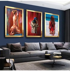 Resim Kolaj Çizim Kadın Gümüş Pleksi Kenar 3'lü Mdf Tablo Seti 