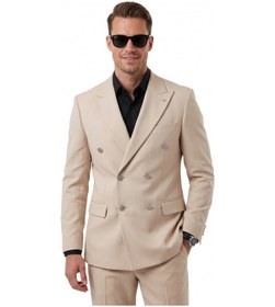 Resim Deep Sea Deepsea Erkek Bej Slim Fit Kruvaze Takım Elbise Likralı Çizgili Dokulu Metal Düğmeli 2600820 