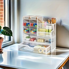 Resim Çekmeceli Çok Fonksiyonlu Mesh Masaüstü Düzenleyici - Ofis, okul ve sanat malzemeleri için çok fonksiyonlu kalem ve kurşun kalem tutucu, ev düzenleme için depolama kutuları 