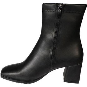 Resim Yazkış Kadın Siyah Cilt 16cm Bilek Boyu Yandan Fermuarlı 6cm Kalın Topuk Kut Burun Topuklu Bot Krem 