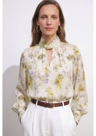 Resim Sateen Çiçek Desenli Bluz - Yeşil-137400 