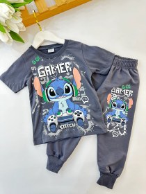 Resim Erkek Çocuk Gri Gamer Stitch Desenli Takım 