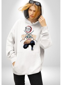 Resim Anime Inosuke Hashibira Demon Slayer Kadın Erkek Beyaz Kapüşonlu Sweatshirt Hoodie Beyaz 