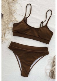 Resim Angelsin Yüksek Bel Fitilli Kumaş Tankini Bikini Üstü Kahverengi 
