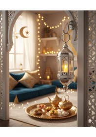 Resim 20 Cm Ramazan Ledli Asmalı Parlak Gümüş Fener - Pil Dahil Dekoratif Ramazan Feneri Diğer 