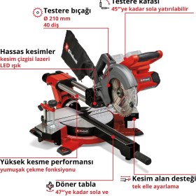 Resim Einhell TE-SM 36/210 Li Akülü Pistonlu Gönye Kesme (36V, 3.800 rpm, bıçak Ø210 x ø30 mm, lazer görüş, akü ve şarj cihazı dahil değildir) - 4300880 