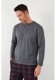 Resim Buratti Ekoseli Pamuklu Beli Lastikli Regular Fit Uzun Kollu Erkek Pijama Takımı 6572003 Füme 