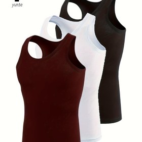 Resim 3'lü Erkek Atletleri, Nefes Alabilen Çabuk Kuruyan Spor Yelekleri, Yuvarlak Yaka Düz Renkli Polyester %100 Örme Kumaş, Normal Kalıp Yazlık Spor Giyim - Koyu Kırmızı, Beyaz, Siyah 