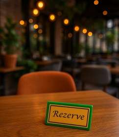 Resim Happynesso Masa Yazısı Serisinden YEŞİL Pleksi Üstü TEK Yön GOLD Metal "REZERVE" Yazısı - 100 mm X 50 mm 