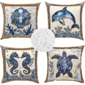 Resim 4 adet Deniz Temalı Dış Mekan Yastık Kılıfı - Deniz Atı, Kaplumbağa, Yunus ve Kabuk Tasarımları Mavi ve Kahverengi Renklerde, Fermuarlı Polyester Kumaş, Makinede Yıkanabilir - Patio, Bahçe, Veranda veya Dış Mekan Mobilya Dekoru için İdeal, Dış Mekan Dekoru | Deniz Temalı | Fermuarlı Yastık Kılıfı, Dekoratif Yastıklar 