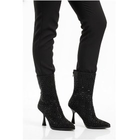 Resim Siyah Taş İşlemeli İnce Topuklu İçi Kürklü Kadın Çizme 671131 Z Siyah 