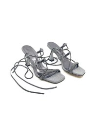 Resim Feles Bilekten Bağlamalı Taş Detaylı Topuklu Kadın Abiye Ayakkabı Platin 