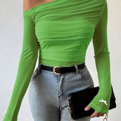 Resim Tek Omuzlu Düz Renk Dar Üst, Şık Uzun Kollu Kıvrımlı Üst Bahar ve Yaz İçin, Kadın Giyim 