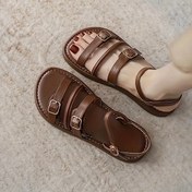 Resim Kadın Retro Stil Düz Sandaletler - Açık Ayak, Toka Kayışı, Sentetik Kaplama, Kauçuk Taban, Rahat Yaz Ayakkabıları, Günlük Sandaletler | Retro Roma Stil Sandaletler | Sentetik Kaplama Sandal 