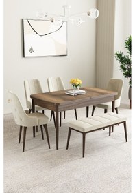 Resim Clara Barok Desen 80x132 Açılabilir Yemek Odası Takımı 6 Adet Sandalye Krem 