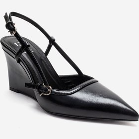 Resim LuviShoes CELIA Siyah Cilt Sivri Burunlu Kadın Dolgu Topuklu Ayakkabı 