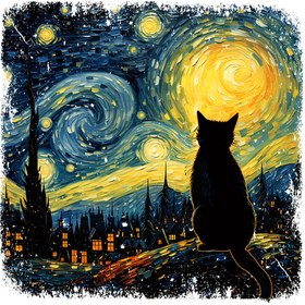 Resim 1 adet Van Gogh Yıldızlı Gece Kedi Ütüyle Yapışan Isı Transferi Yaması, Karışık Renk Vinil Hayvan Baskı Aplike DIY Moda için, Kedi Severler İçin Mükemmel Hediye, Gömlekler, Kot Pantolonlar, Çantalar, Kedi Giysileri ile Uyumlu 