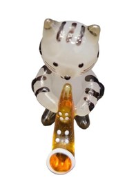 Resim El Yapımı Cam Sarı Saksafon Çalan Siyah Çizgili Kedi Biblo Minik 